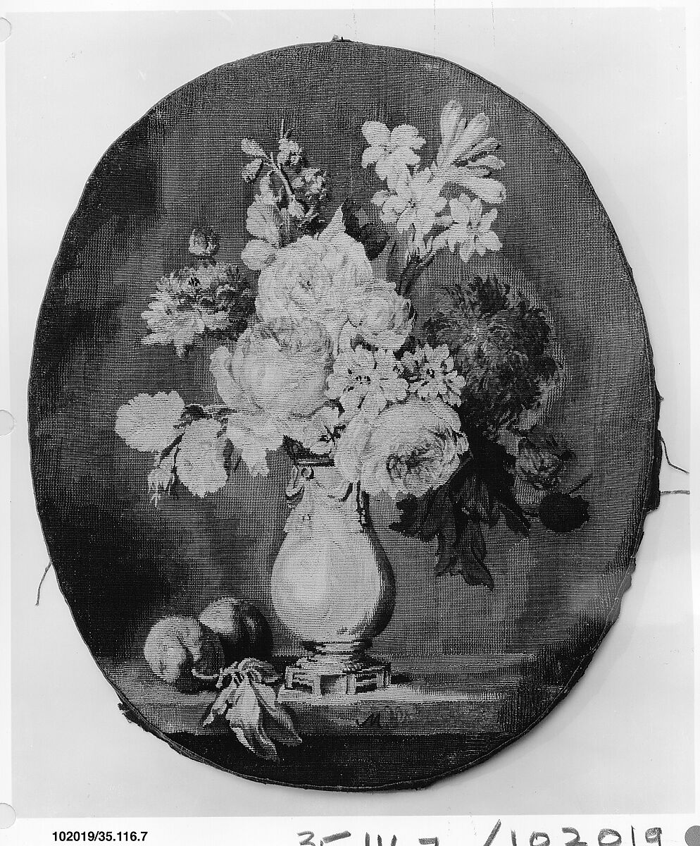 Flowers in a Vase and Two Plums, Anne Vallayer-Coster (French, Paris 1744–1818 Paris), Wool, silk (25 warps per inch, 10 per cm.), French, Paris