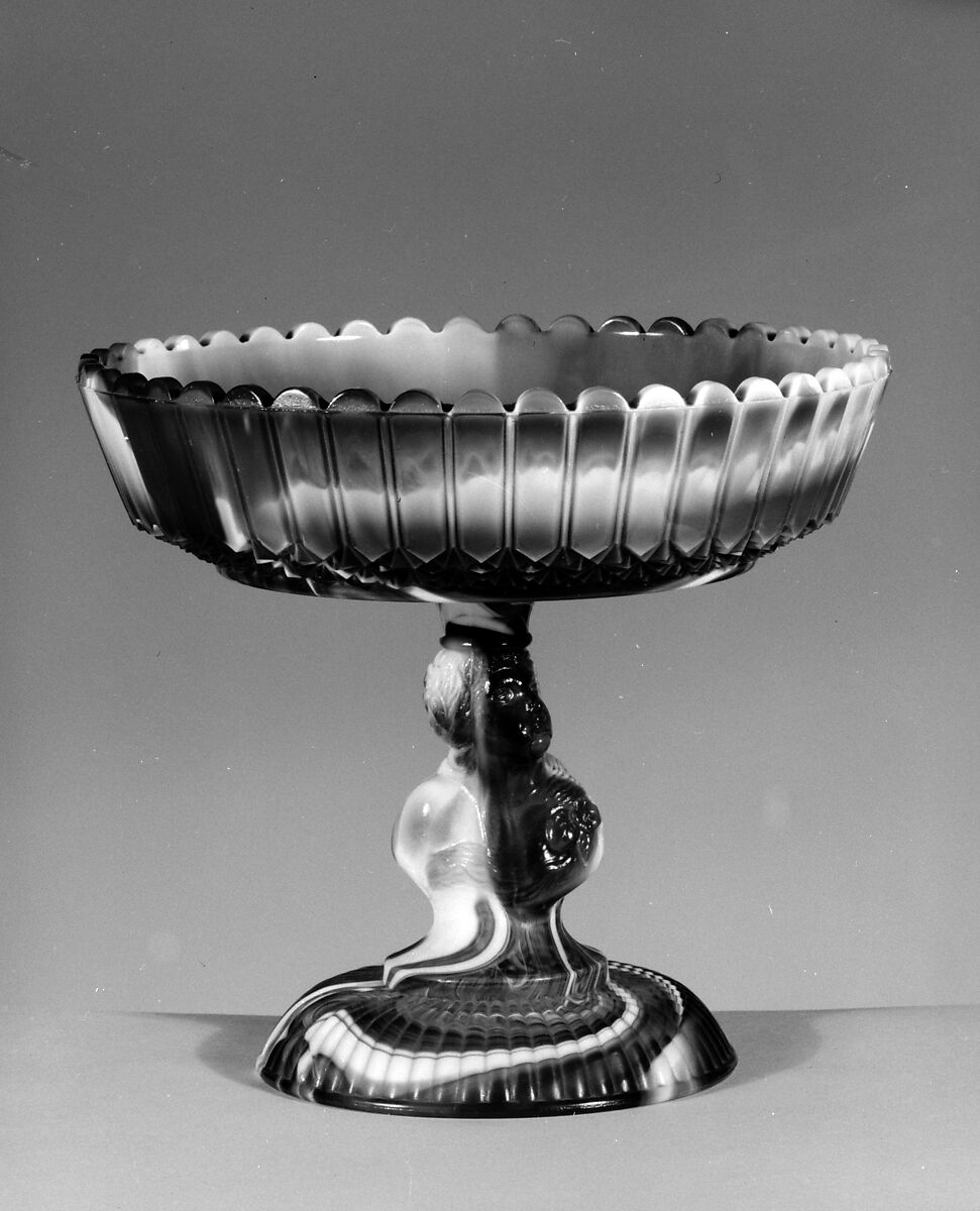 Purple marble glass compote, Challinor, Taylor and Company (1866–1891), Pressed purple marble glass, American 