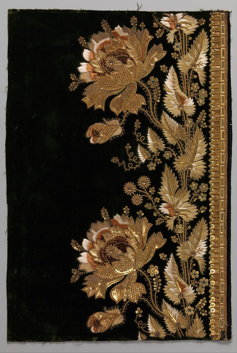 Embroidery sample for a man’s suit, Silk and metal thread on silk, French 
