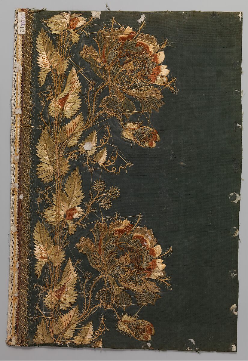 Embroidery sample for a man’s suit, Silk and metal thread on silk, French