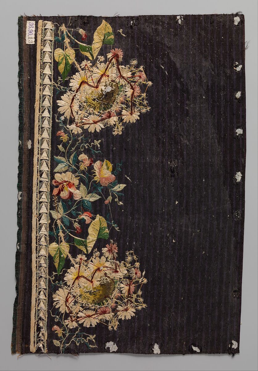 Embroidery sample for a man’s suit, Silk embroidery on silk velvet, French