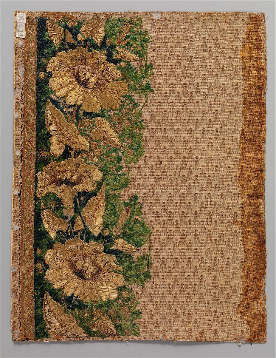 Embroidery sample for a man’s suit, Silk, metal and chenille thread on silk velvet, French