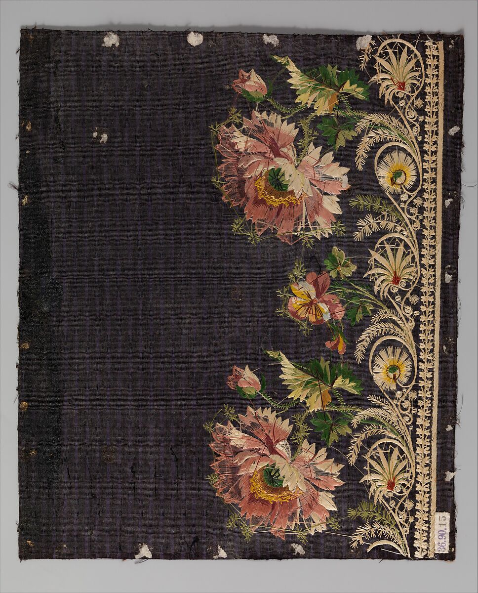 Embroidery sample for a man’s suit, Silk embroidery on silk velvet, French