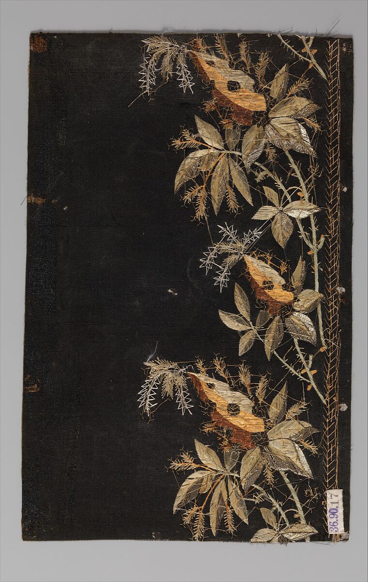 Embroidery sample for a man’s suit, Silk and metal thread on silk velvet, French