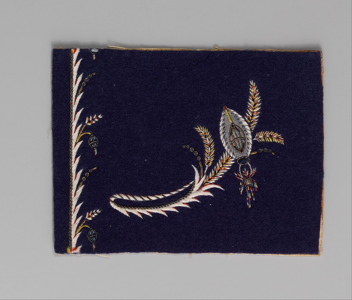 Embroidery sample for a man’s suit, Silk and metal thread on wool, French 