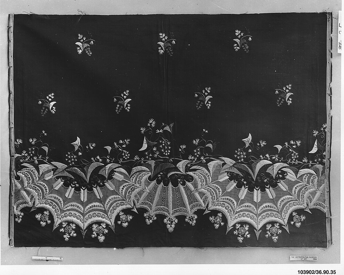 Dress border, Silk and metal thread on silk, French 
