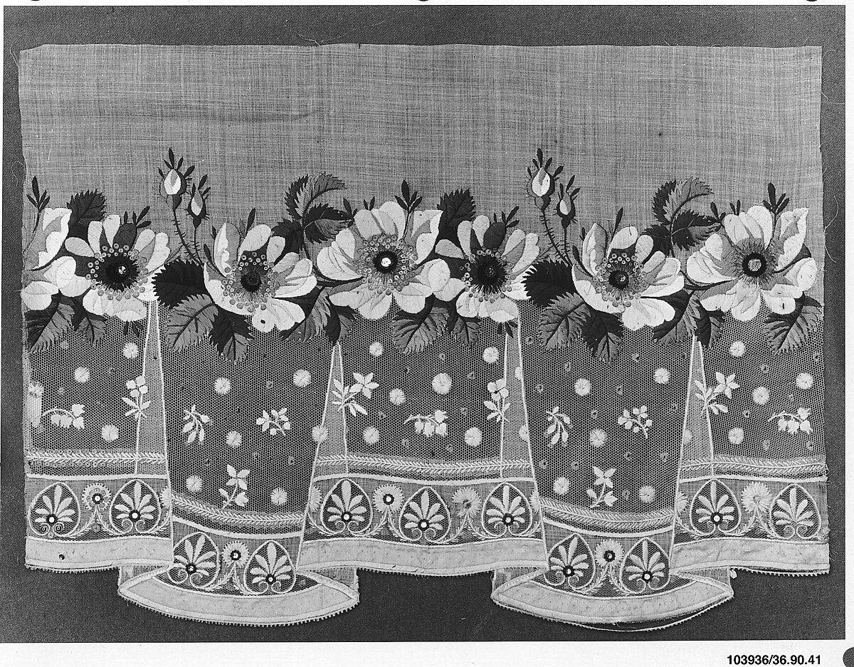 Dress border, Silk and metal thread on cotton, French