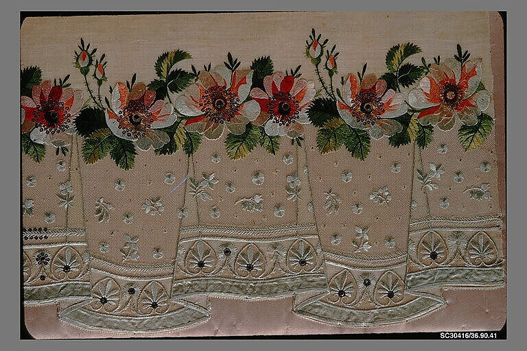 Dress border, Silk and metal thread on cotton, French 