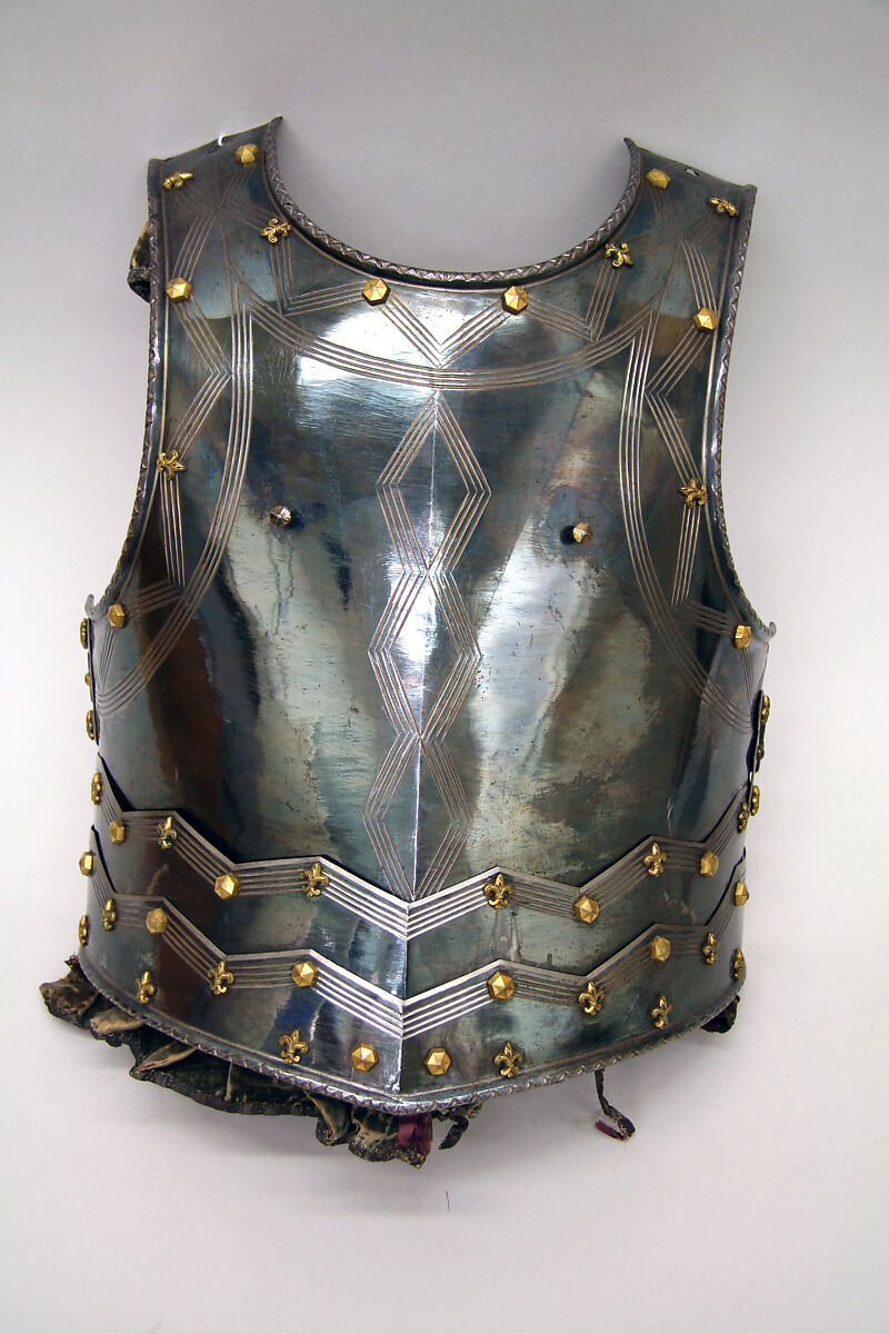 Cuirass, Steel, gold, textile, leather, French or Italian 