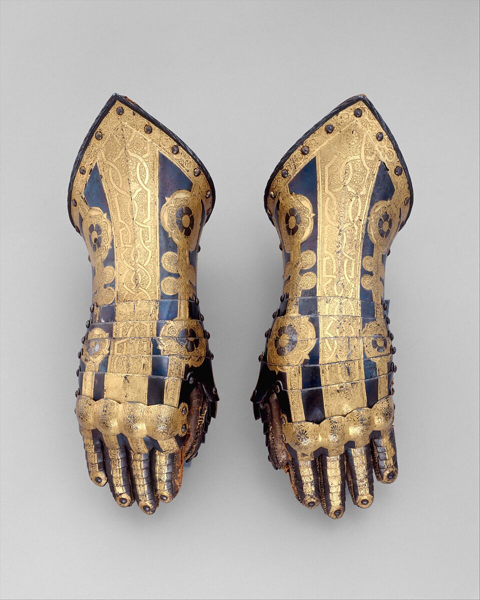 Pair of Gauntlets Belonging to the Armor of Duke Friedrich Ulrich of Brunswick (1591–1634), Royal Workshops at Greenwich (British, Greenwich, 1511–1640s), Steel, gold, leather, textile, copper alloy, British, Greenwich 