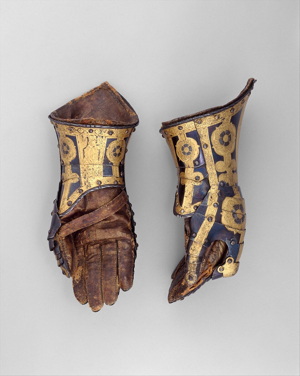 Pair of Gauntlets Belonging to the Armor of Duke Friedrich Ulrich of Brunswick (1591–1634), Royal Workshops at Greenwich (British, Greenwich, 1511–1640s), Steel, gold, leather, textile, copper alloy, British, Greenwich