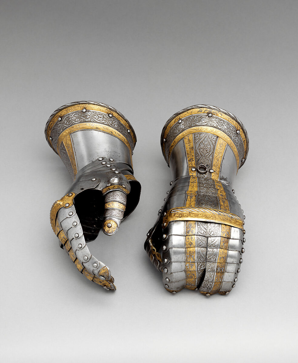 Pair of Gauntlets from a Garniture of Armor of Philip II of Spain (reigned 1556–98), Desiderius Helmschmid (German, Augsburg, 1513–1579), Steel, leather, gold, German, Augsburg 