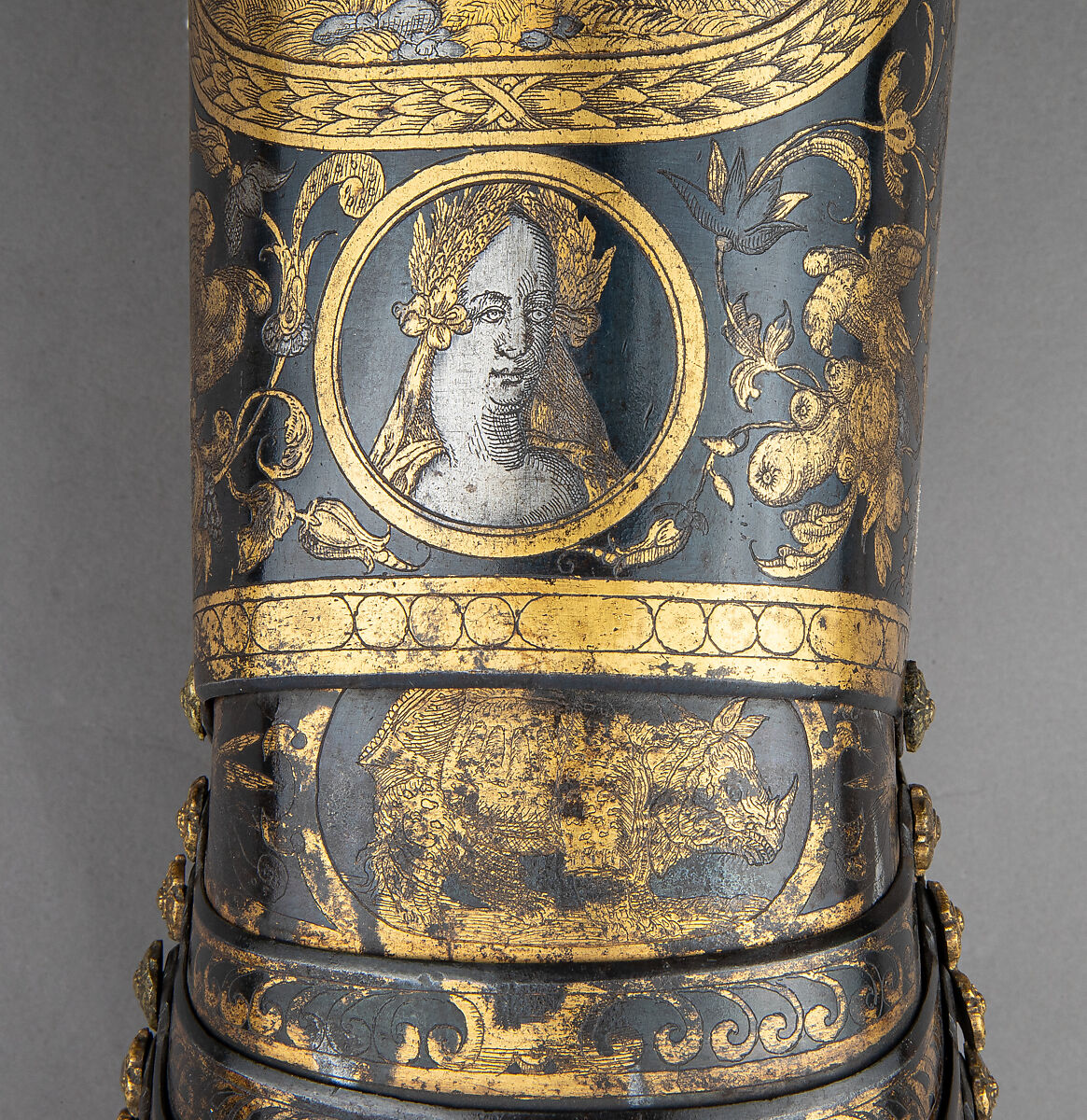 Gauntlet, Steel, silver, gold, brass, leather, German