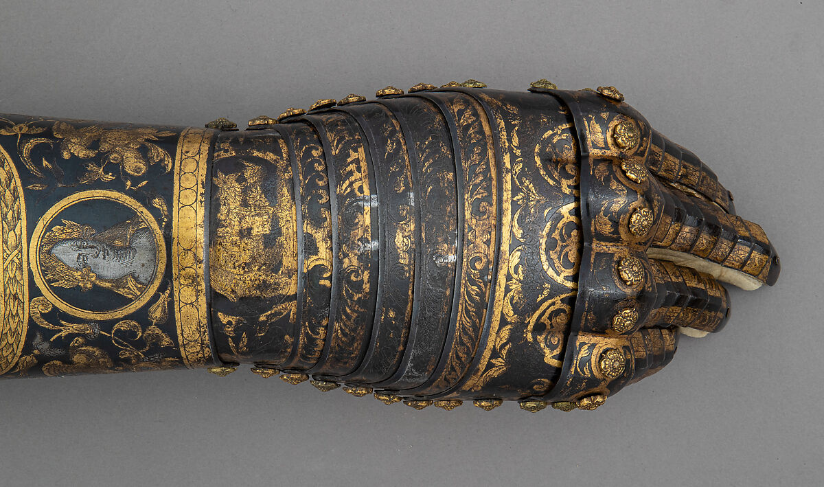 Gauntlet, Steel, silver, gold, brass, leather, German