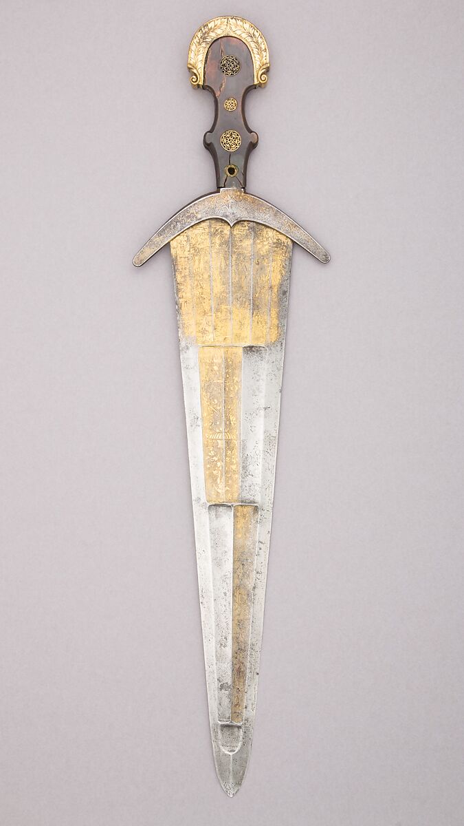 Cinquedea, Steel, gold, copper alloy, horn, brass, Italian, possibly Emilia