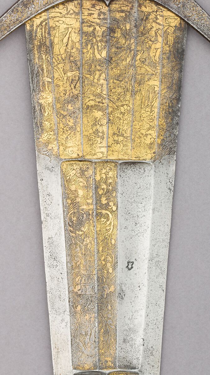 Cinquedea, Steel, gold, copper alloy, horn, brass, Italian, possibly Emilia