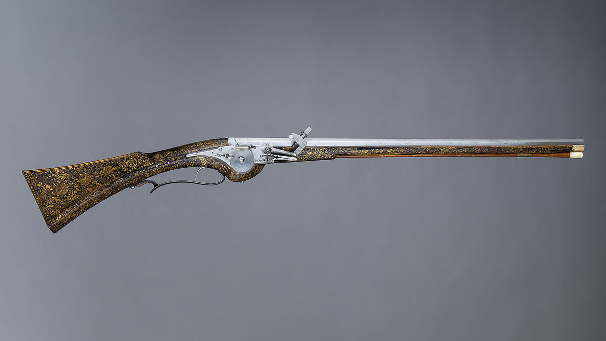 Wheellock Carbine, Steel, wood (beech), brass, gold, pigment, staghorn, French 