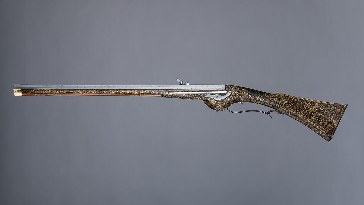 Wheellock Carbine, Steel, wood (beech), brass, gold, pigment, staghorn, French