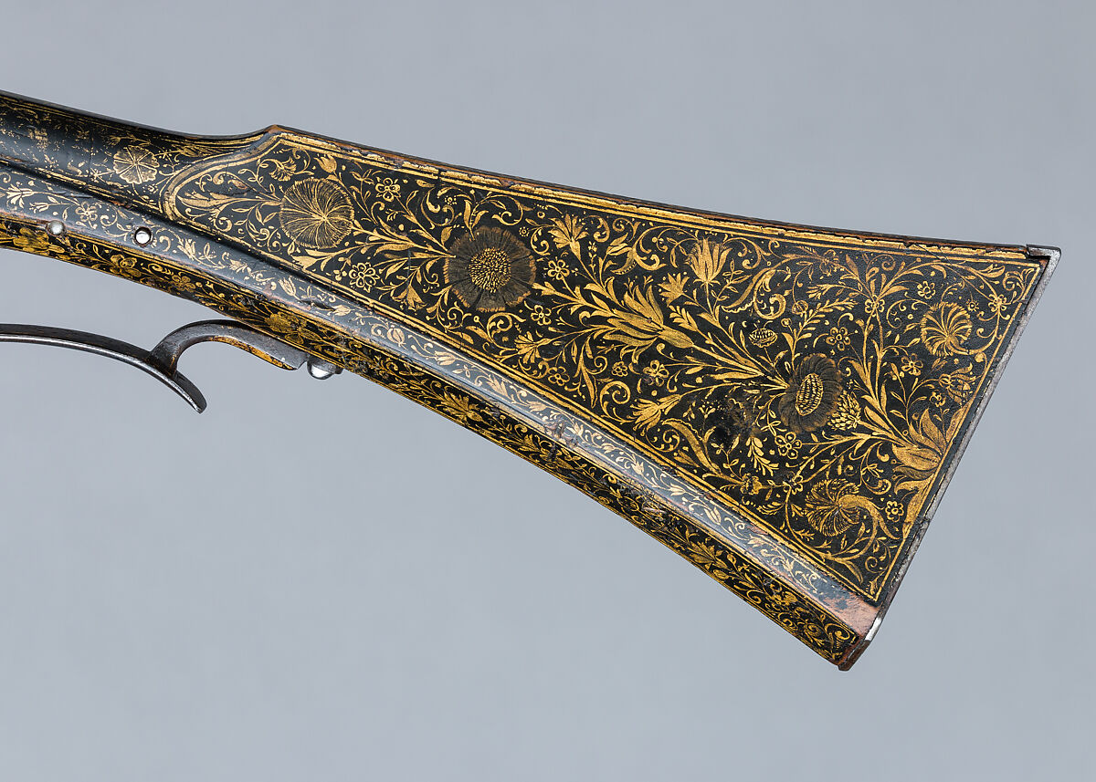 Wheellock Carbine, Steel, wood (beech), brass, gold, pigment, staghorn, French