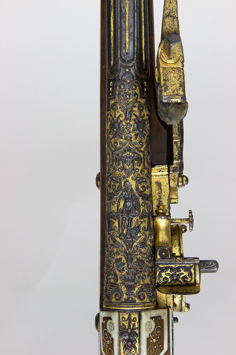 Wheellock Rifle, Daniel Sadeler (German, Munich, recorded 1602–32), Steel, gold, wood (fruitwood), ivory, horn, German, Munich