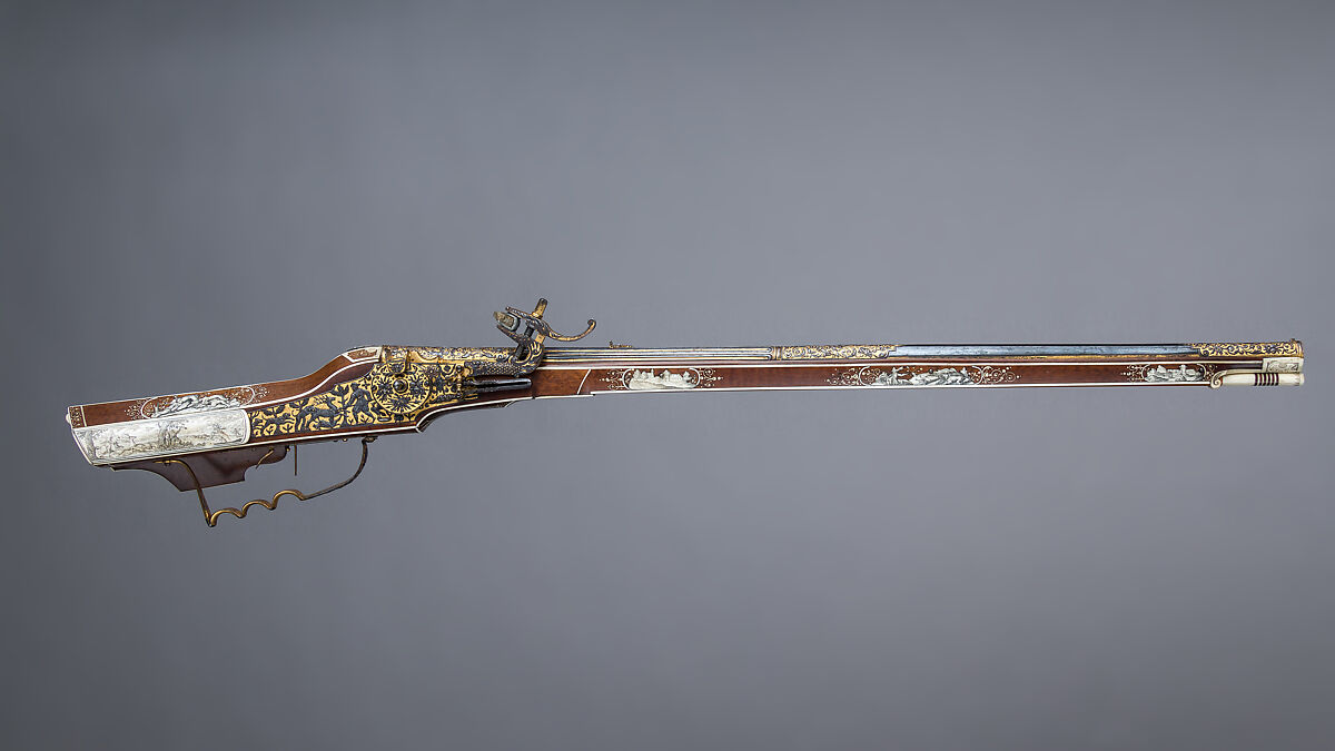 Wheellock Rifle, Daniel Sadeler (German, Munich, recorded 1602–32), Steel, gold, wood (fruitwood), ivory, horn, German, Munich 