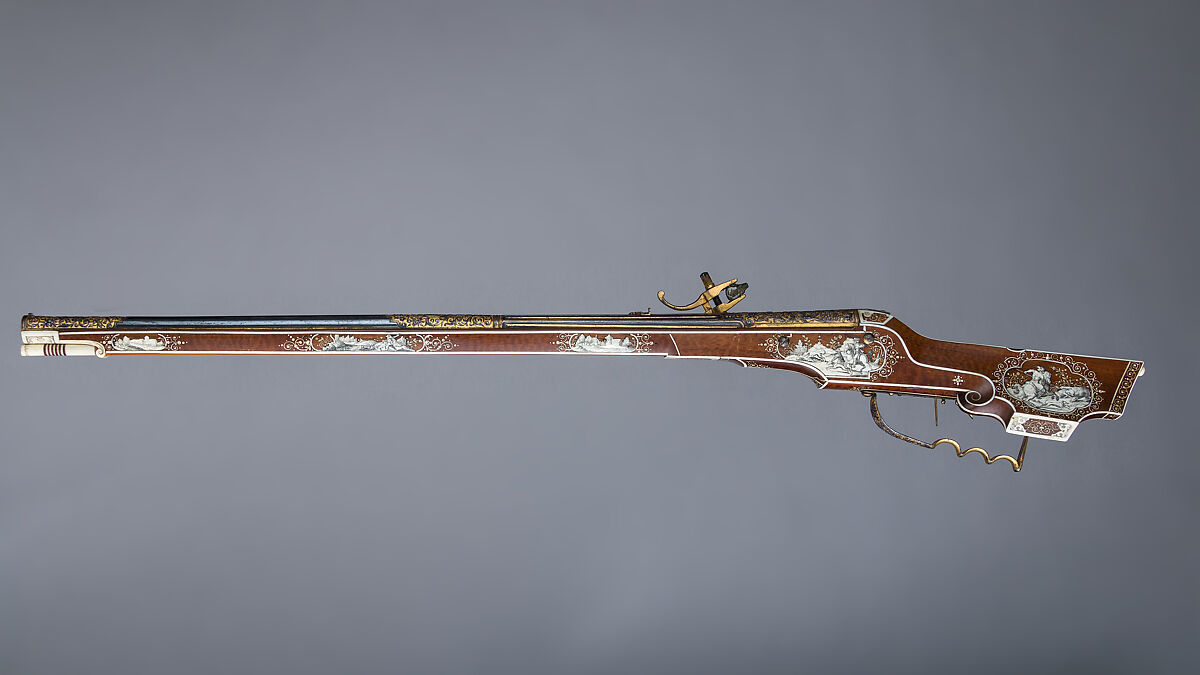 Wheellock Rifle, Daniel Sadeler (German, Munich, recorded 1602–32), Steel, gold, wood (fruitwood), ivory, horn, German, Munich