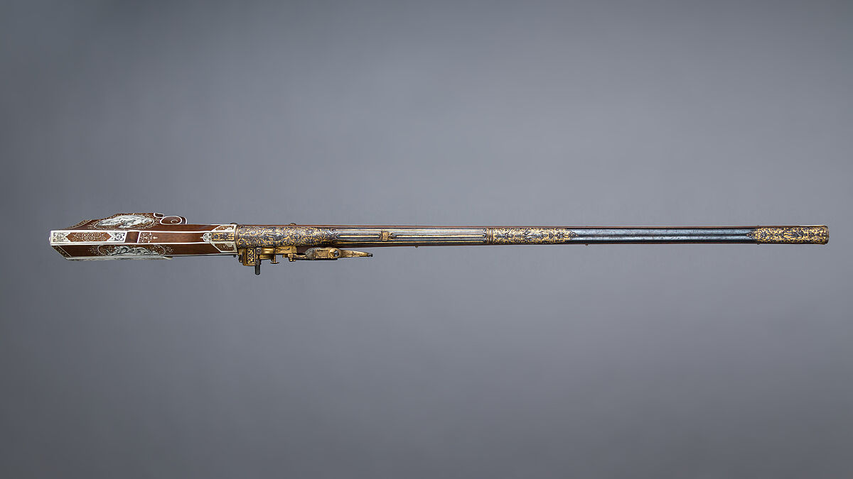 Wheellock Rifle, Daniel Sadeler (German, Munich, recorded 1602–32), Steel, gold, wood (fruitwood), ivory, horn, German, Munich