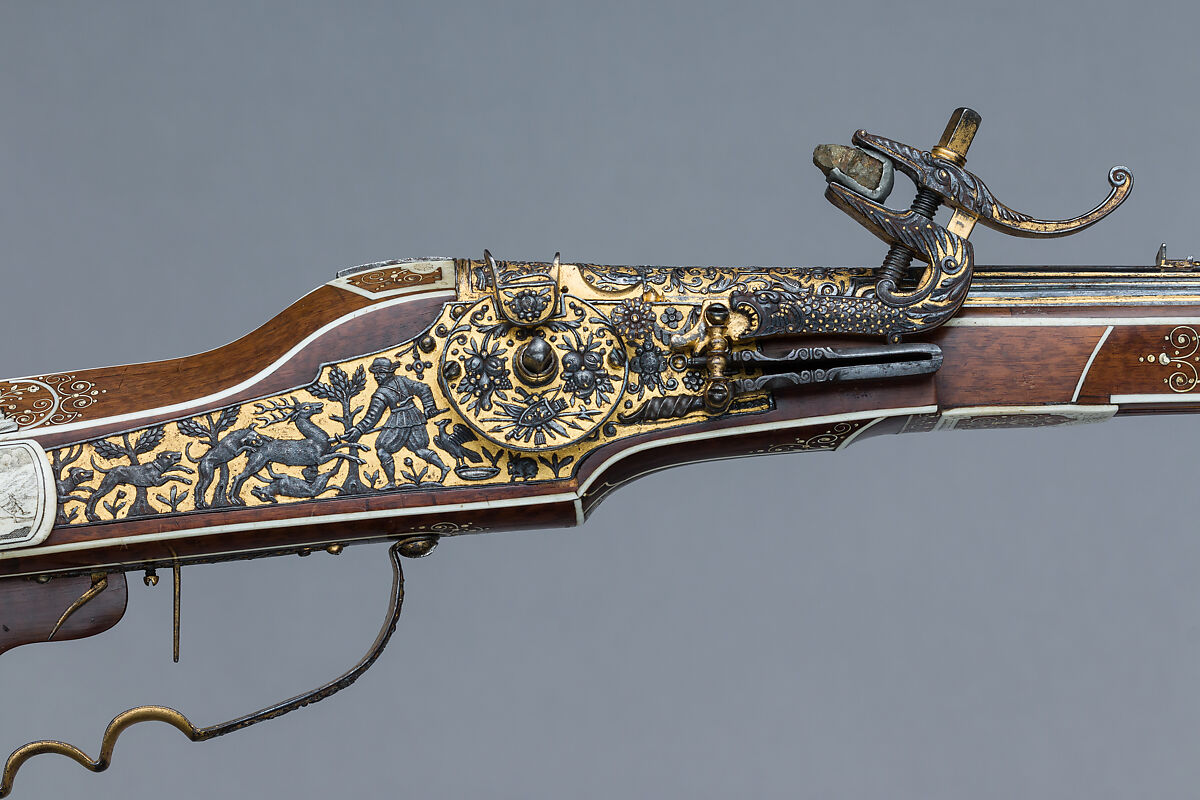 Wheellock Rifle, Daniel Sadeler (German, Munich, recorded 1602–32), Steel, gold, wood (fruitwood), ivory, horn, German, Munich