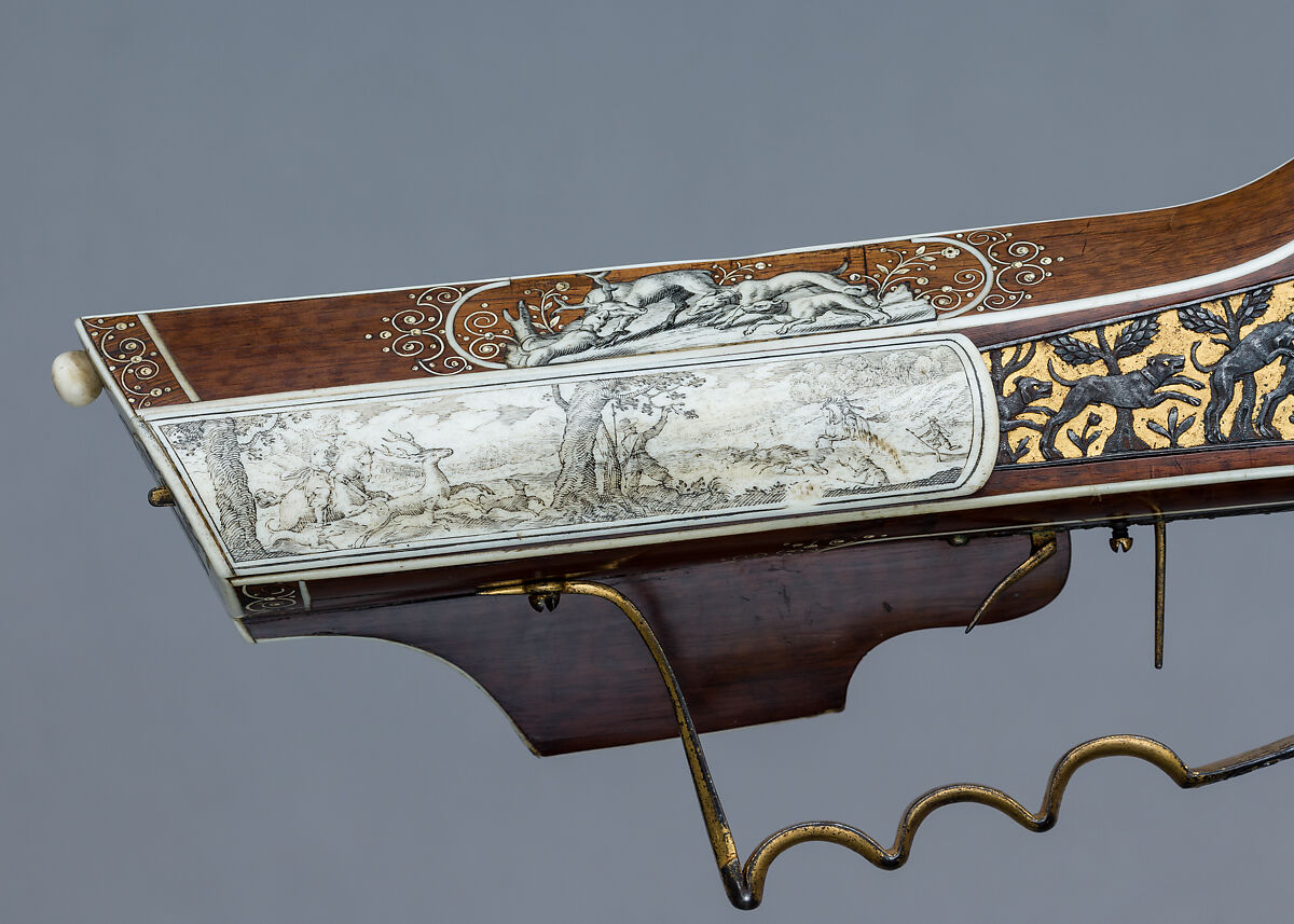 Wheellock Rifle, Daniel Sadeler (German, Munich, recorded 1602–32), Steel, gold, wood (fruitwood), ivory, horn, German, Munich