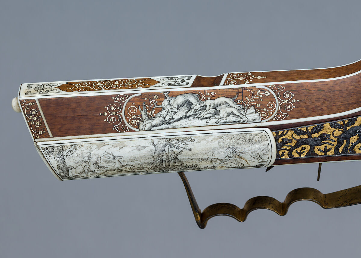 Wheellock Rifle, Daniel Sadeler (German, Munich, recorded 1602–32), Steel, gold, wood (fruitwood), ivory, horn, German, Munich