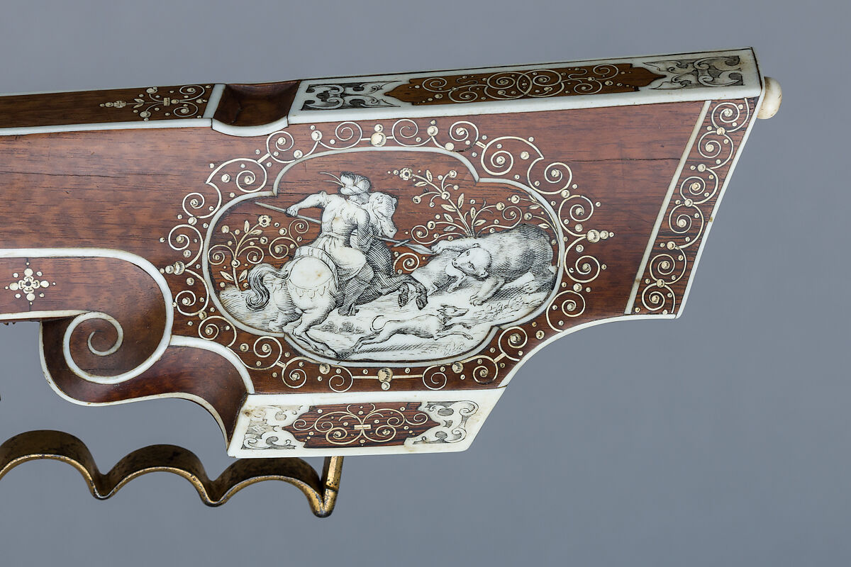 Wheellock Rifle, Daniel Sadeler (German, Munich, recorded 1602–32), Steel, gold, wood (fruitwood), ivory, horn, German, Munich