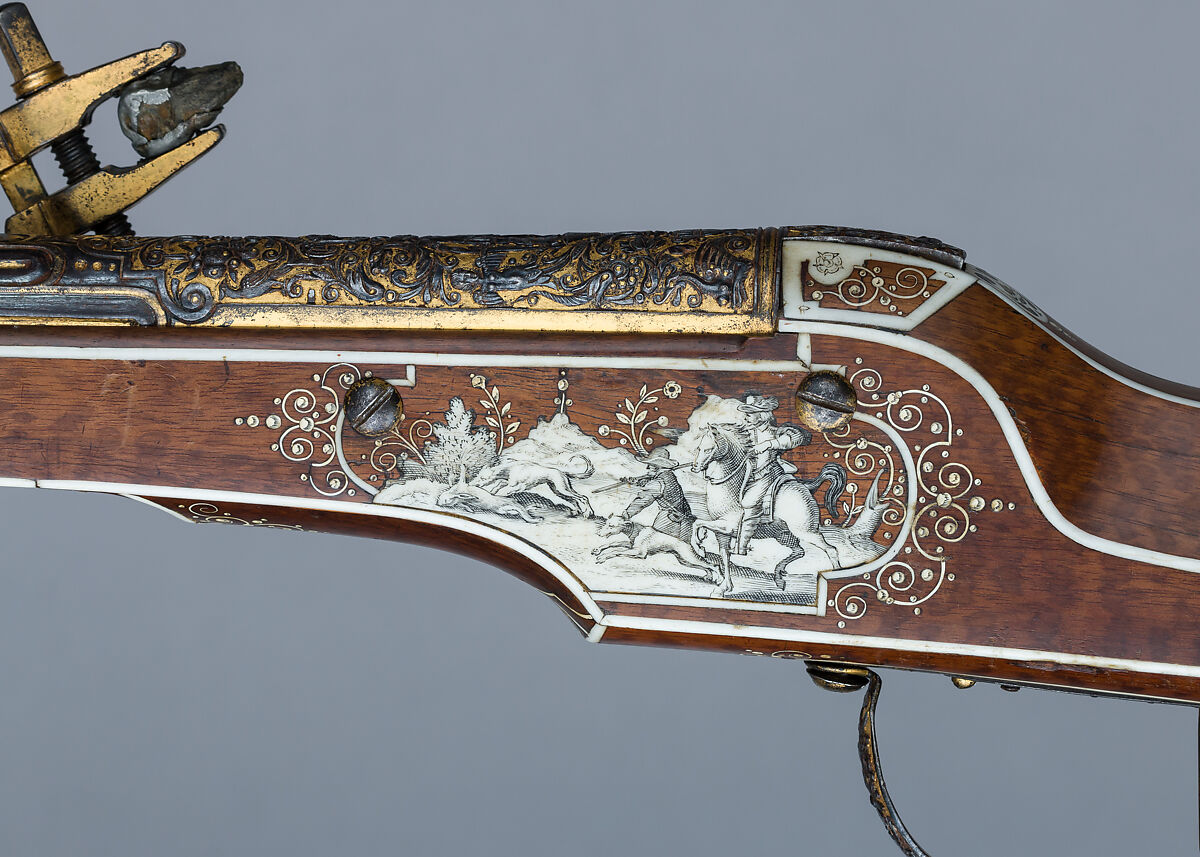 Wheellock Rifle, Daniel Sadeler (German, Munich, recorded 1602–32), Steel, gold, wood (fruitwood), ivory, horn, German, Munich