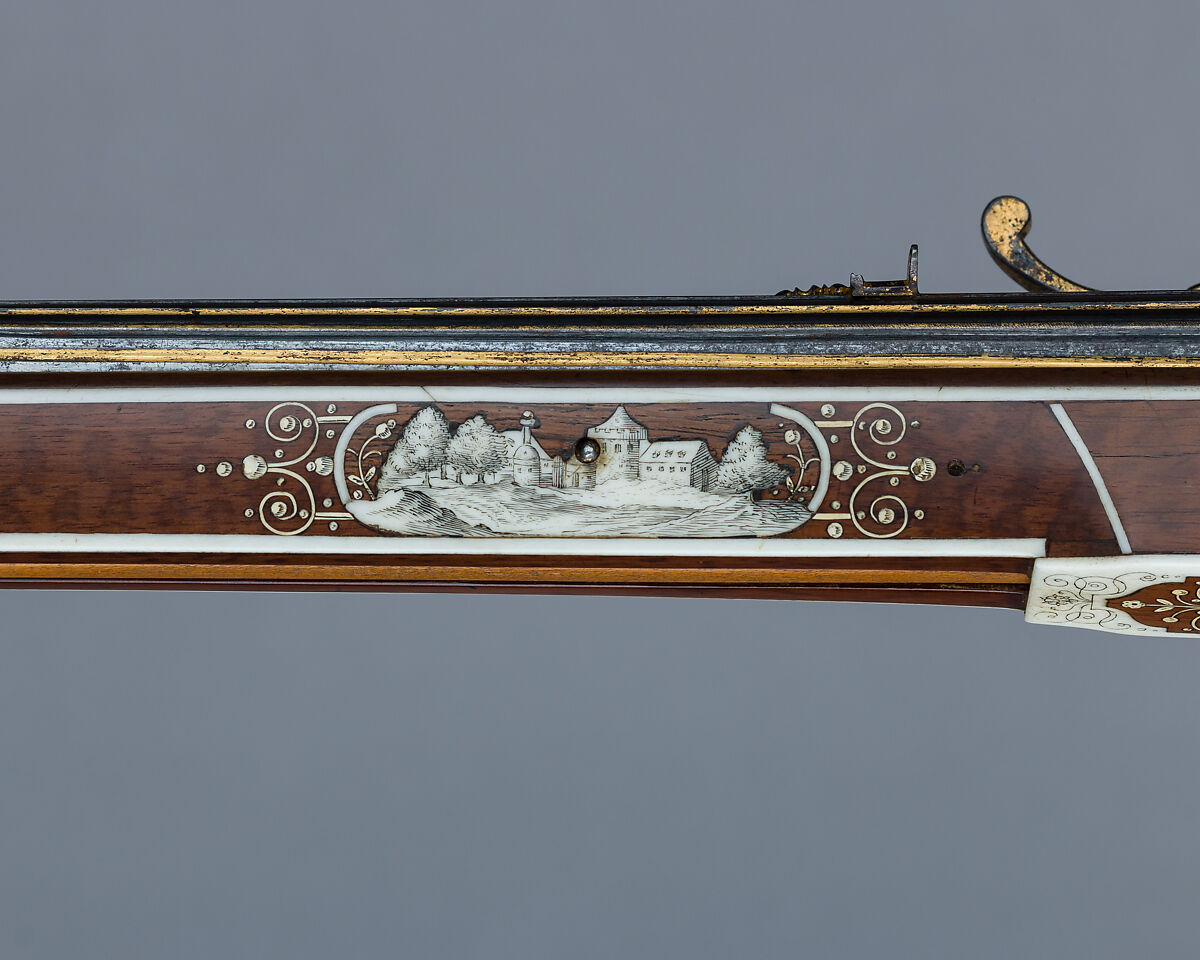 Wheellock Rifle, Daniel Sadeler (German, Munich, recorded 1602–32), Steel, gold, wood (fruitwood), ivory, horn, German, Munich