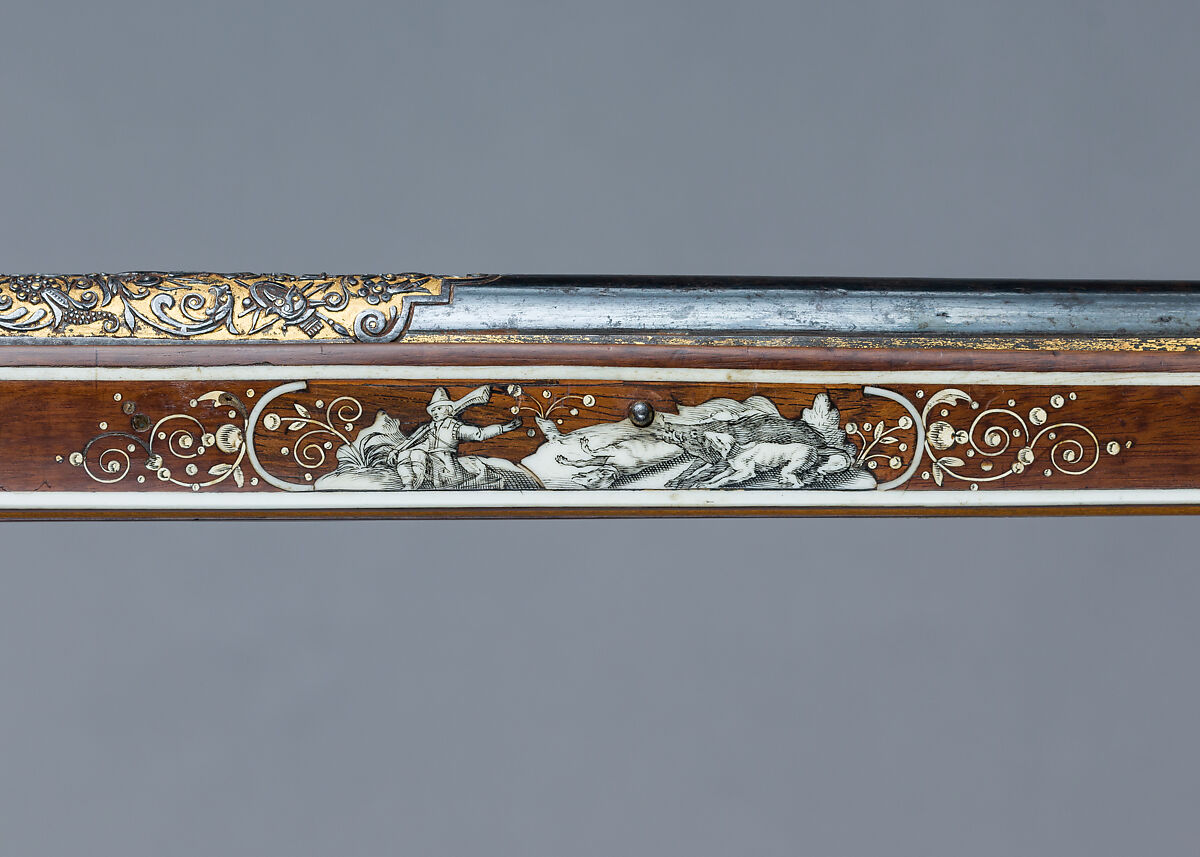 Wheellock Rifle, Daniel Sadeler (German, Munich, recorded 1602–32), Steel, gold, wood (fruitwood), ivory, horn, German, Munich