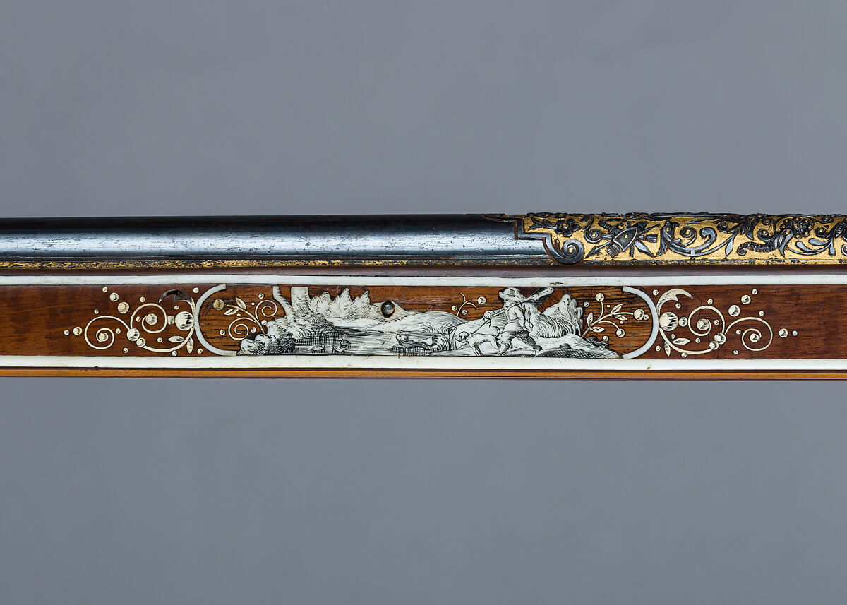 Wheellock Rifle, Daniel Sadeler (German, Munich, recorded 1602–32), Steel, gold, wood (fruitwood), ivory, horn, German, Munich