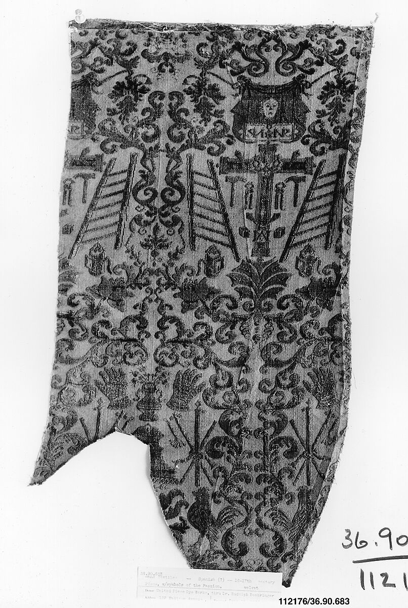 Fragment of velvet with Instruments of the Passion, Silk, possibly Spanish 