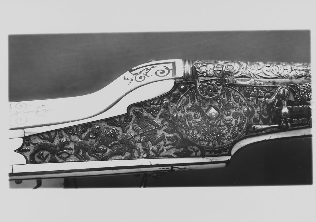 Wheellock Rifle, Daniel Sadeler (German, Munich, recorded 1602–32), Steel, gold, wood (ebony, fruitwood), ivory, horn, German, Munich 