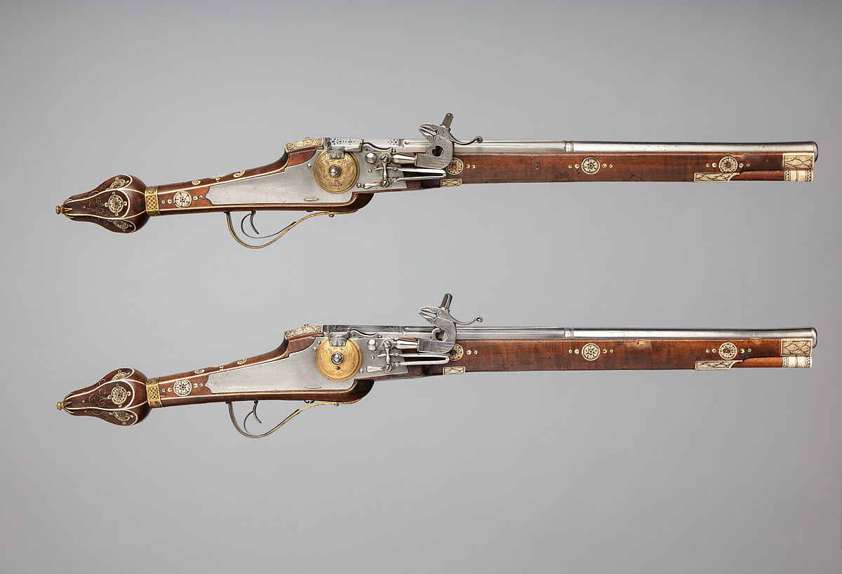 Pair of Wheellock Pistols Made for the Bodyguard of the Prince-Elector of Saxony, Simon Helbig (German, Dresden, recorded 1609–1642), Steel, gold, brass, staghorn, wood (beech), German, Dresden 