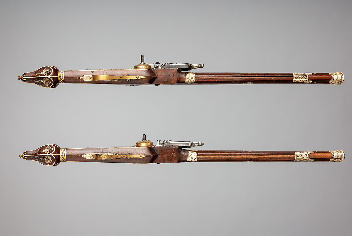 Pair of Wheellock Pistols Made for the Bodyguard of the Prince-Elector of Saxony, Simon Helbig (German, Dresden, recorded 1609–1642), Steel, gold, brass, staghorn, wood (beech), German, Dresden