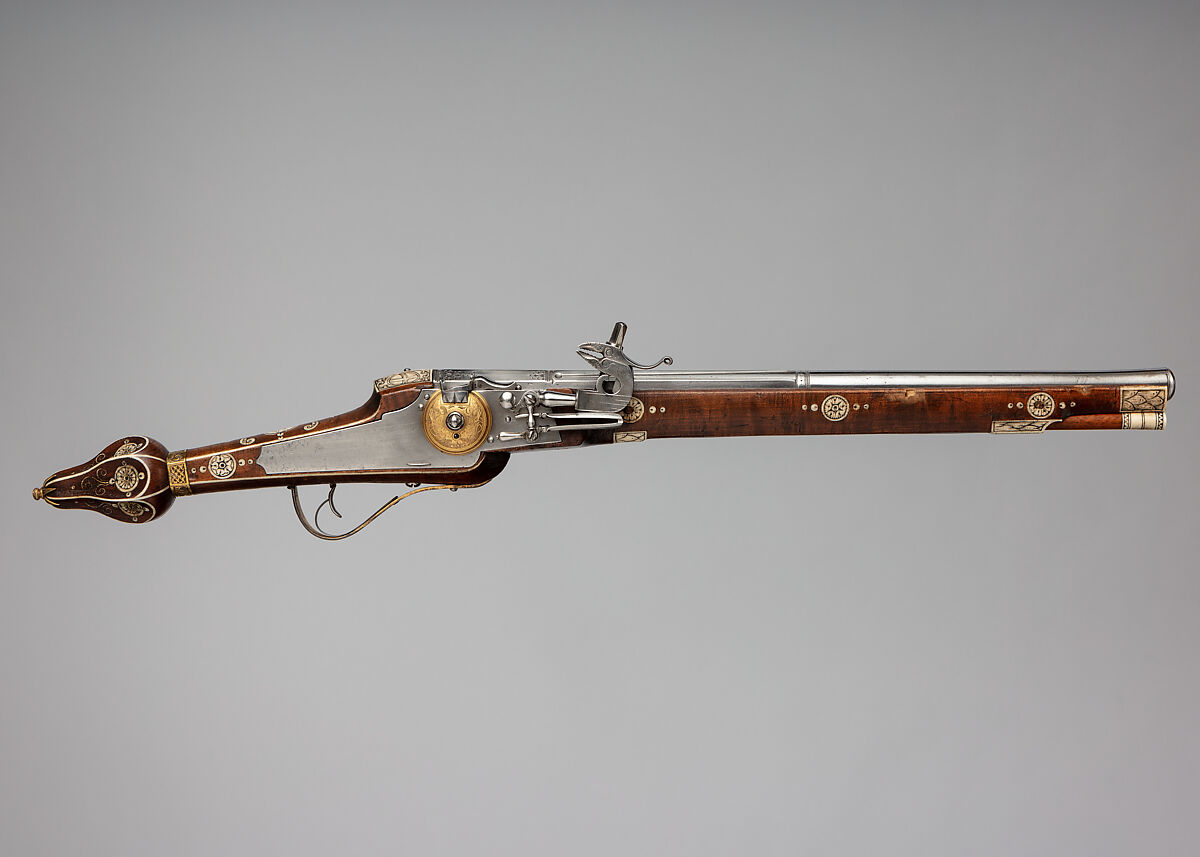 Pair of Wheellock Pistols Made for the Bodyguard of the Prince-Elector of Saxony, Simon Helbig (German, Dresden, recorded 1609–1642), Steel, gold, brass, staghorn, wood (beech), German, Dresden