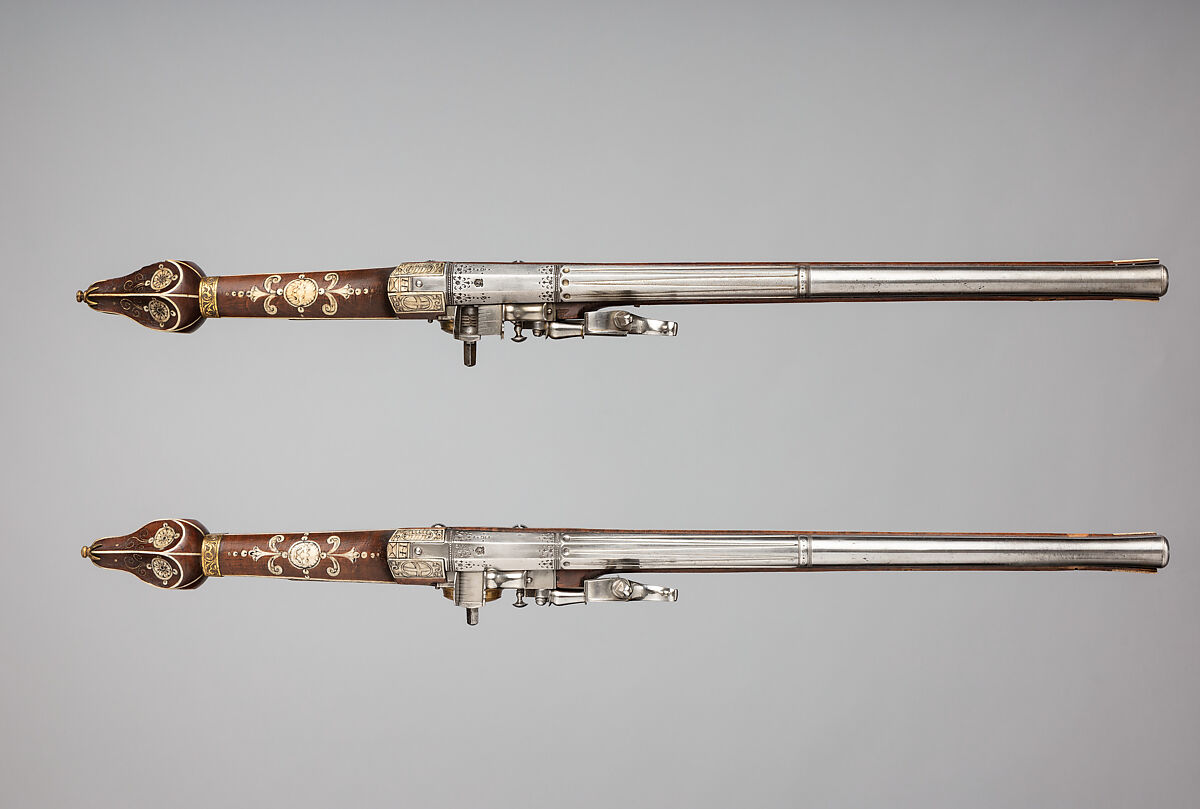 Pair of Wheellock Pistols Made for the Bodyguard of the Prince-Elector of Saxony, Simon Helbig (German, Dresden, recorded 1609–1642), Steel, gold, brass, staghorn, wood (beech), German, Dresden