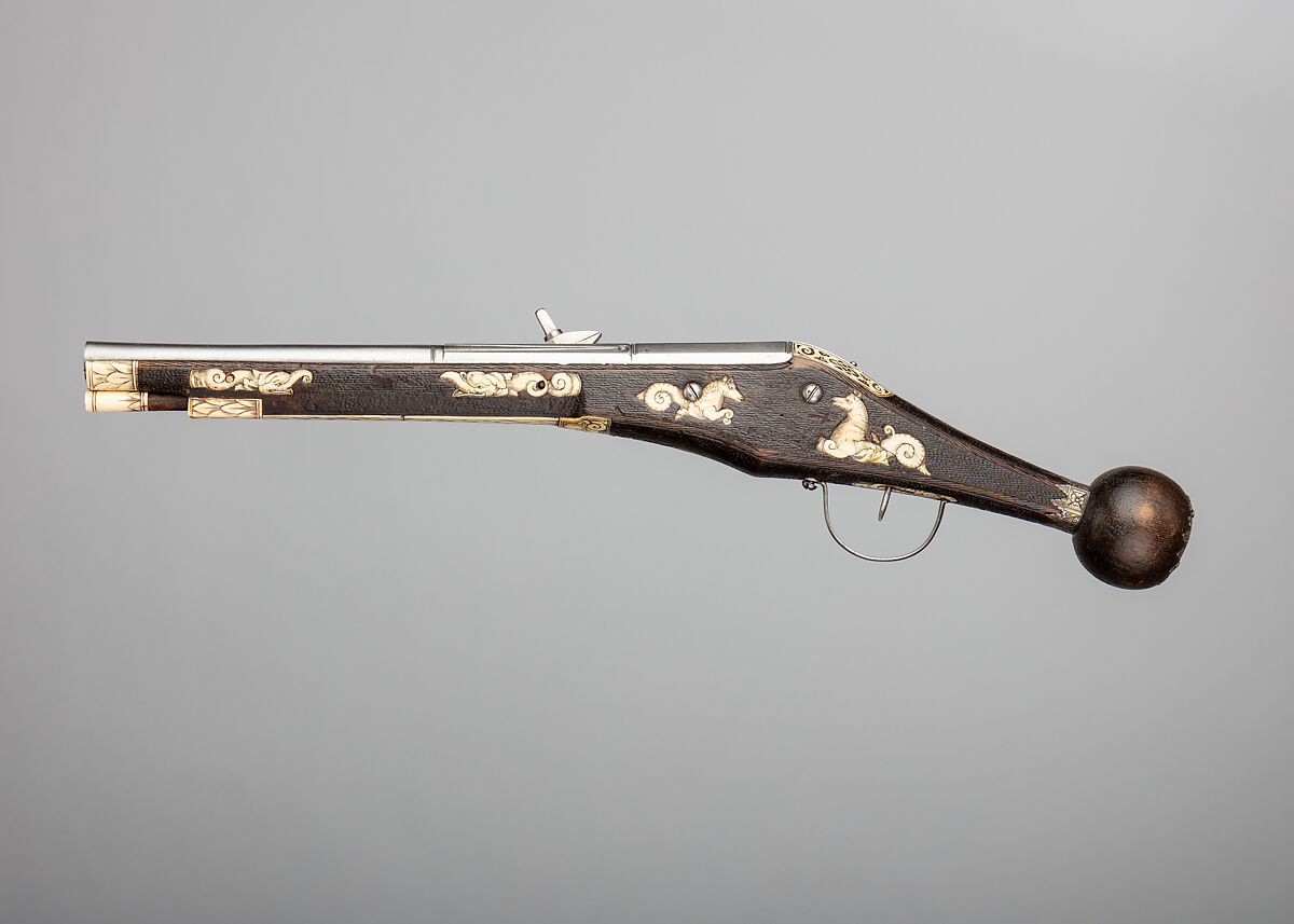 Pair of Wheellock Pistols Made for the Bodyguard of the Prince-Elector of Saxony, Zacharias Herold (German, Dresden, recorded 1586–1618), Steel, wood, silver, gold, brass, German, Dresden