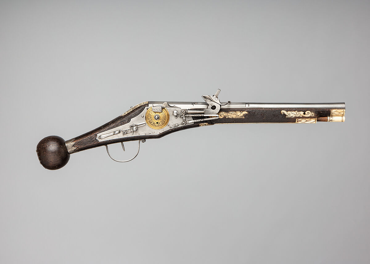 Pair of Wheellock Pistols Made for the Bodyguard of the Prince-Elector of Saxony, Zacharias Herold (German, Dresden, recorded 1586–1618), Steel, wood, silver, gold, brass, German, Dresden 