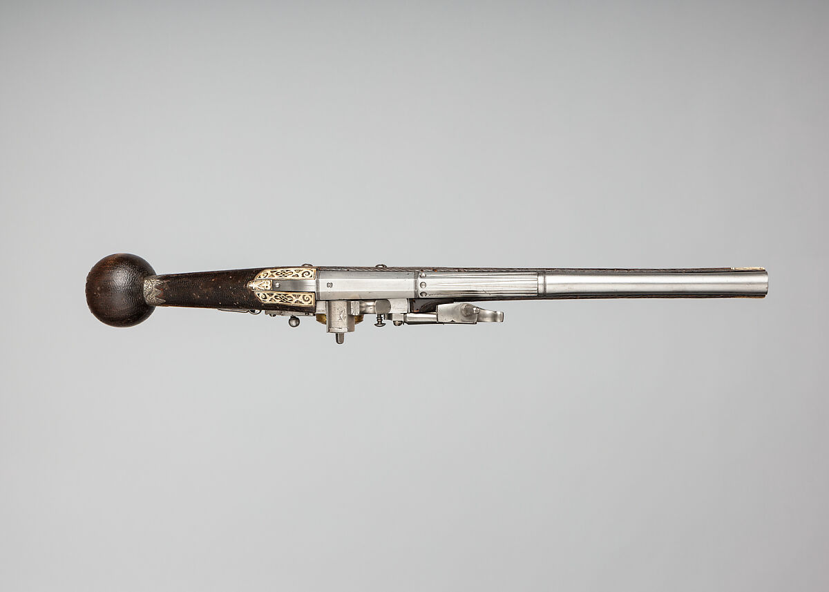 Pair of Wheellock Pistols Made for the Bodyguard of the Prince-Elector of Saxony, Zacharias Herold (German, Dresden, recorded 1586–1618), Steel, wood, silver, gold, brass, German, Dresden