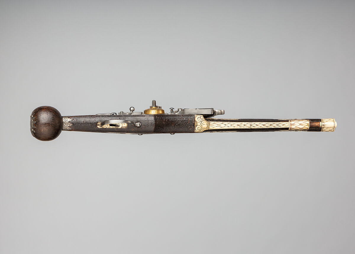 Pair of Wheellock Pistols Made for the Bodyguard of the Prince-Elector of Saxony, Zacharias Herold (German, Dresden, recorded 1586–1618), Steel, wood, silver, gold, brass, German, Dresden