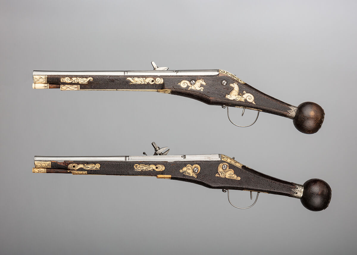 Pair of Wheellock Pistols Made for the Bodyguard of the Prince-Elector of Saxony, Zacharias Herold (German, Dresden, recorded 1586–1618), Steel, wood, silver, gold, brass, German, Dresden