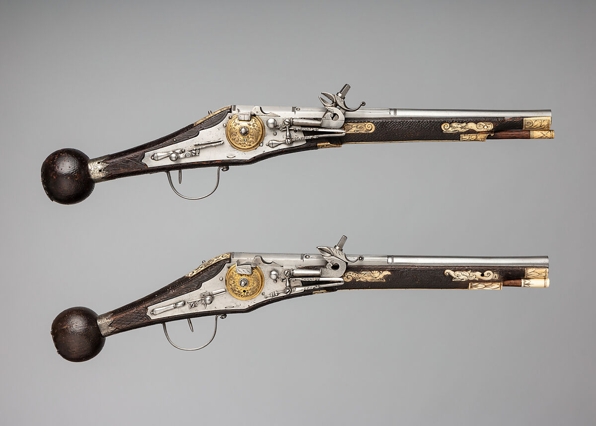 Pair of Wheellock Pistols Made for the Bodyguard of the Prince-Elector of Saxony, Zacharias Herold (German, Dresden, recorded 1586–1618), Steel, wood, silver, gold, brass, German, Dresden
