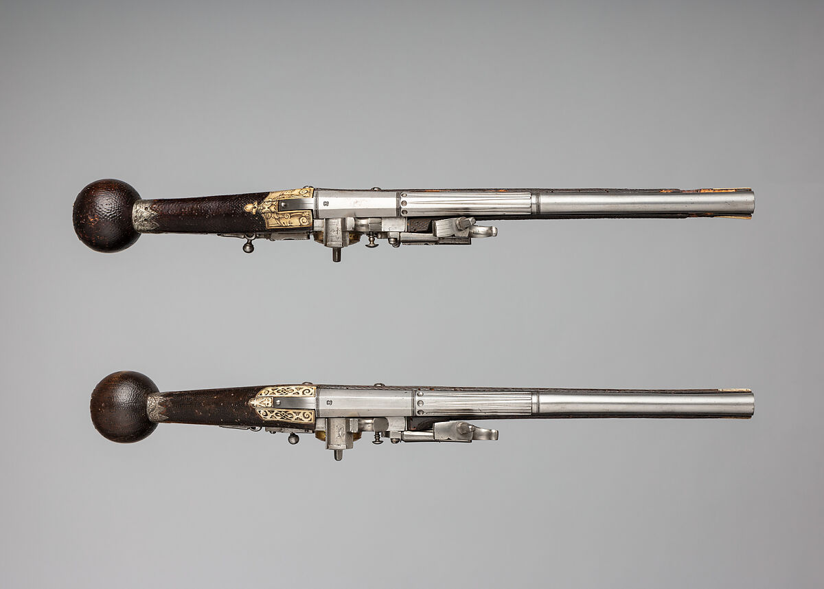 Pair of Wheellock Pistols Made for the Bodyguard of the Prince-Elector of Saxony, Zacharias Herold (German, Dresden, recorded 1586–1618), Steel, wood, silver, gold, brass, German, Dresden