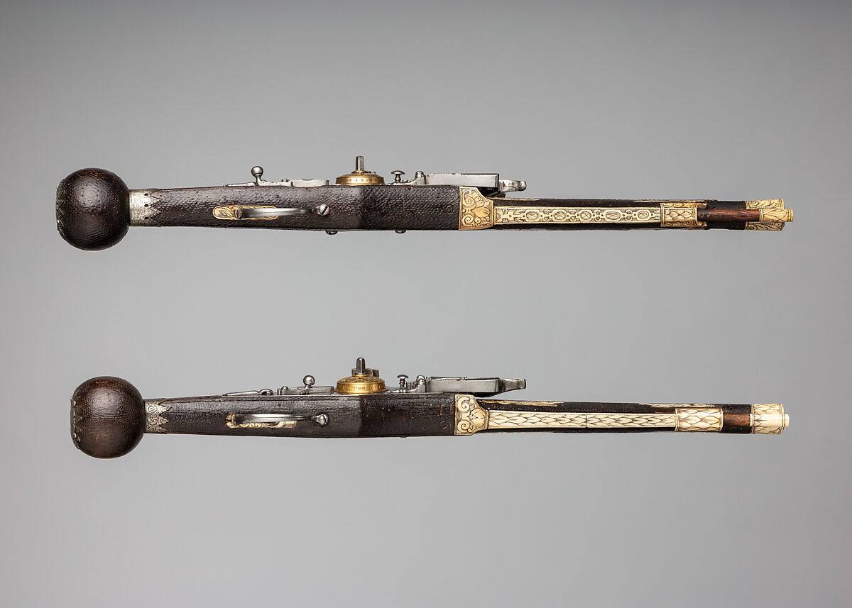 Pair of Wheellock Pistols Made for the Bodyguard of the Prince-Elector of Saxony, Zacharias Herold (German, Dresden, recorded 1586–1618), Steel, wood, silver, gold, brass, German, Dresden