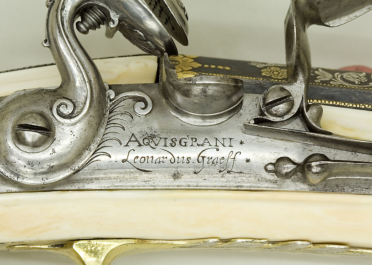 Pair of Flintlock Pistols, Leonardus Graeff (Aachen (now Germany), active ca. 1670–80), Steel, gold, silver, ivory, Southern Netherlandish, Aachen